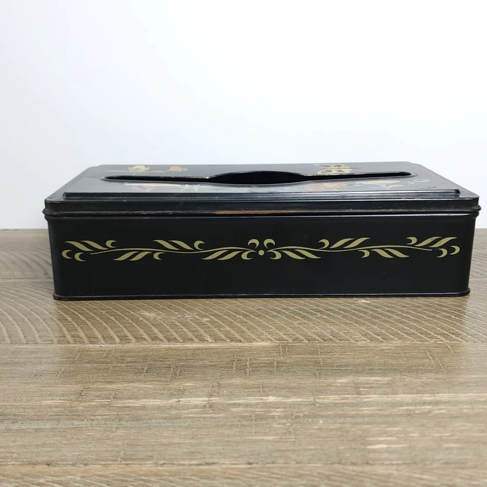 Vintage Decorative Tissue Box Cover Metal Tole Ware Hand Painted Floral Hanging